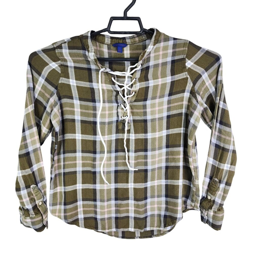 Womens Aeropostale Olive & White Plaid Blouse Top Lace Up Long Sleeve Size L